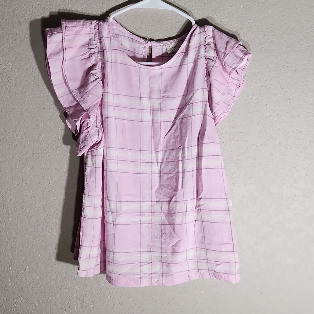 A New Day Top Womens linen blend size S plaid ruffel sleeves pink lavender white